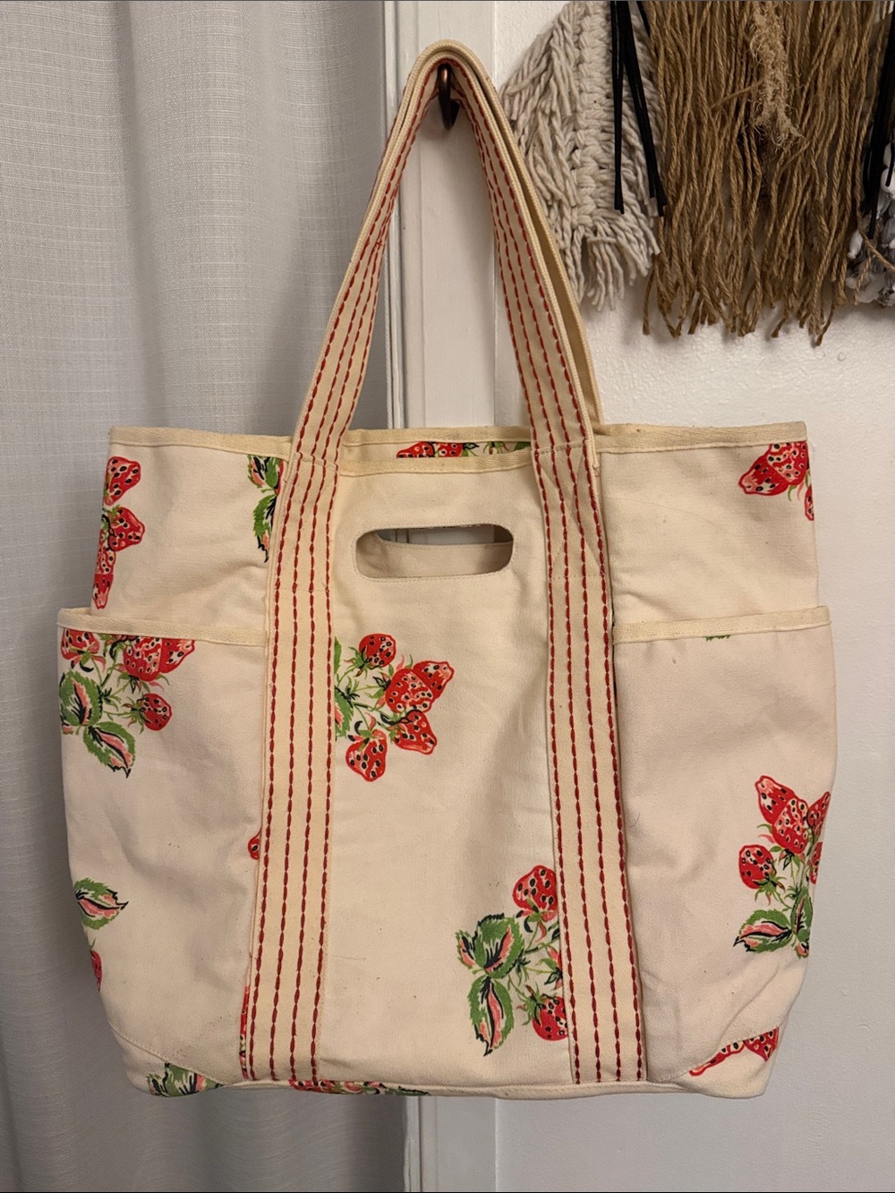 Free People Cream Canvas Tote with Red Strawberry Print